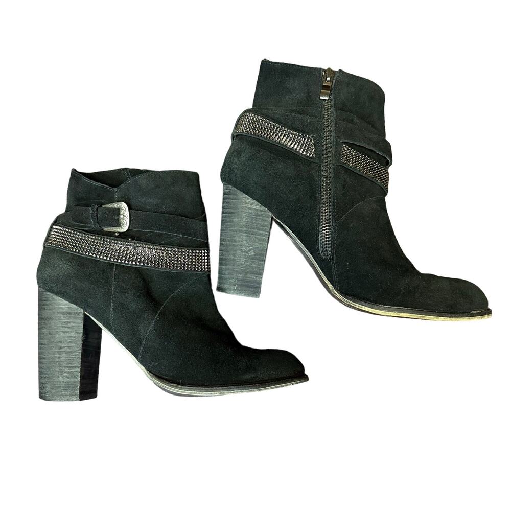 Nine West black ankle boots with silver stud trim suede leather heel size 9.5